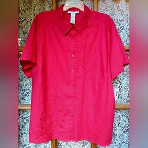 Sag Harbor Woman Bead Embroidered Linen Short Sleeve Shirt